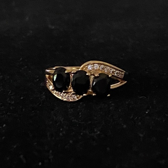 Sz 7 STAMPED 925 14 K GF 3 BLACK SAPPHIRES RING - Picture 6 of 11